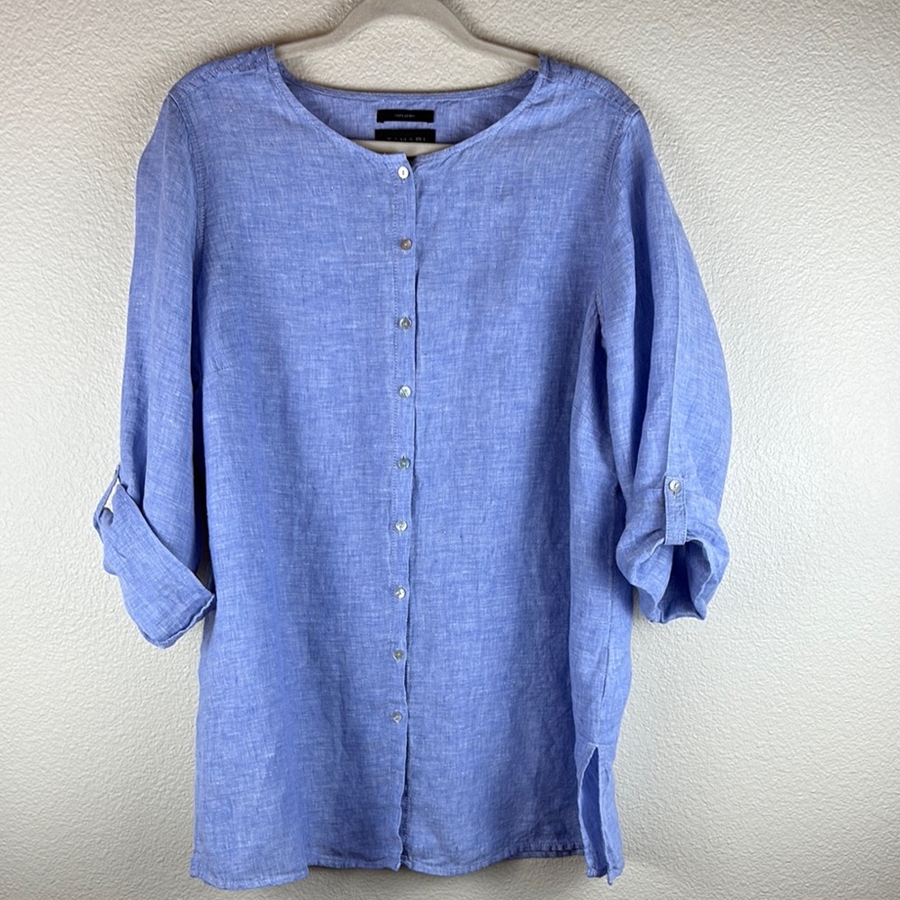 TAHARI 100% Linen Collarless Button Down Tunic Roll Tab Sleeve Blue Top Women 1X